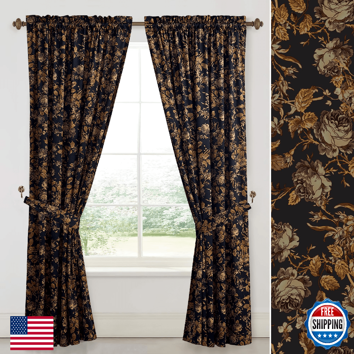 StangH Gold Velvet Curtains 90"L Vintage Floral Print Home Decor - Image 1