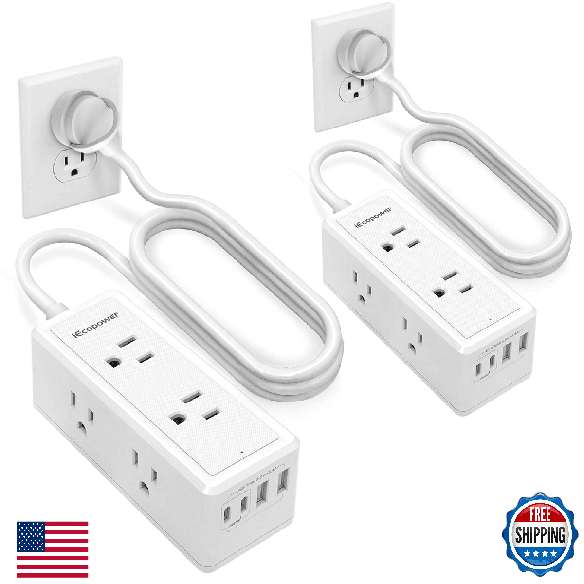 2 Pack Power Strip Surge Protector 6 Outlets 4 USB Ports USB C PD 20W 1250W Wall - Image 1