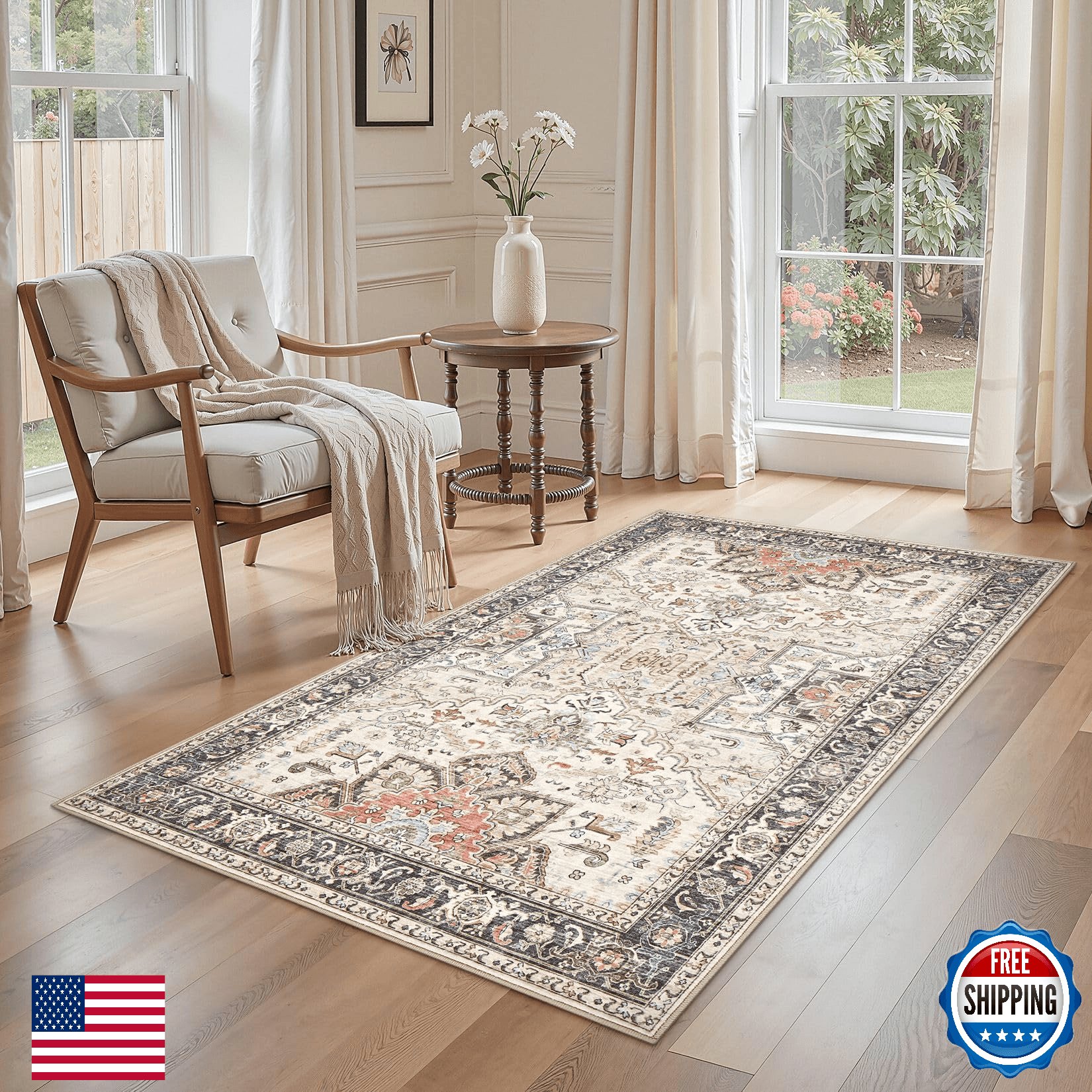 HomeWill 3x5 Washable Non-Slip Vintage Floral Area Rug Entryway Living Room Kitc - Image 1