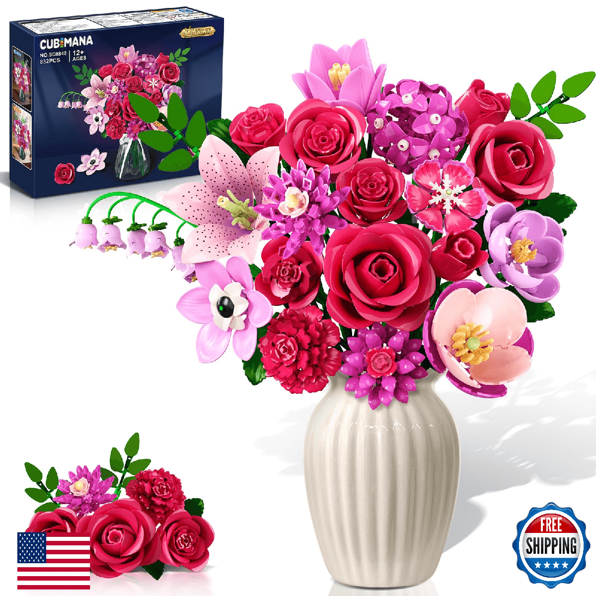 CUBIMANA Flowers Bouquet Building Set with LED - 21 Rose Red Botanical Collectio - Image 1