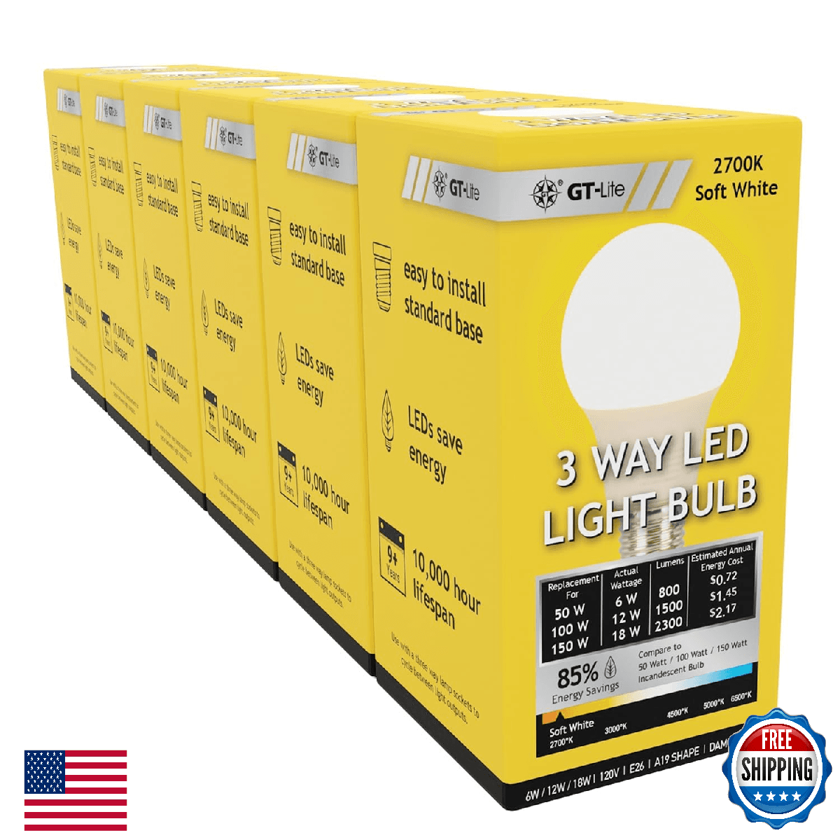 GT-Lite 150W Equivalent 3 Way LED Light Bulbs 6 Pack, 2700K Soft White, A19, E26 - Image 1