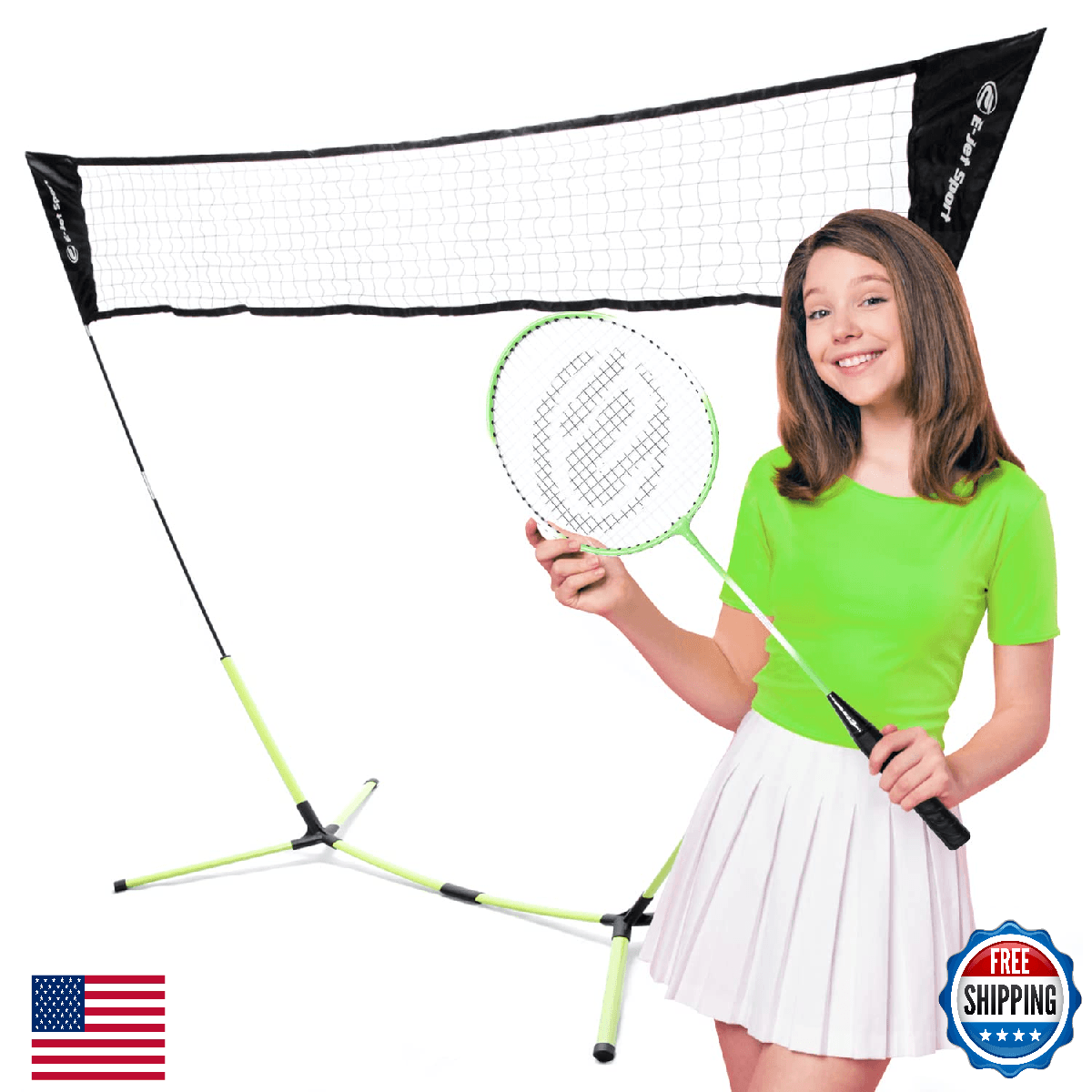 E-Jet Portable Badminton Net Outdoor Game Kit, Green 5.1x7.8ft, Instant Setup - Image 1