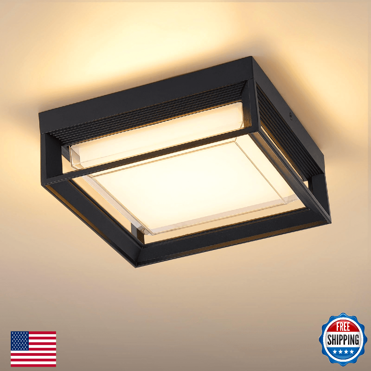 CHENS01 Square Flush Mount Outdoor LED Ceiling Light Fixture, 120V 24W 3000K 9 i - Image 1