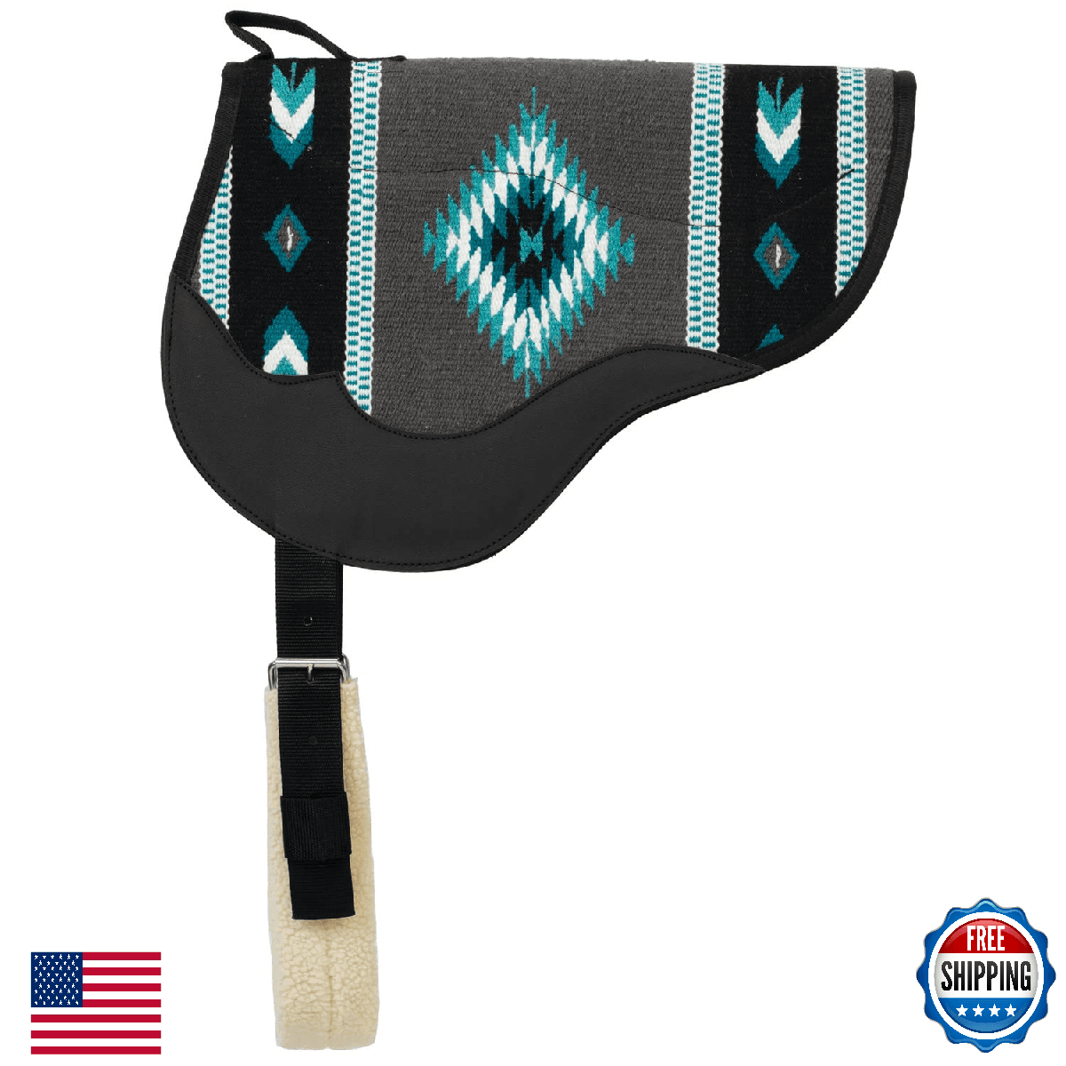 Weaver Leather Wool Blanket Top Bareback Pad Gray Turquoise 21x35 - Image 1