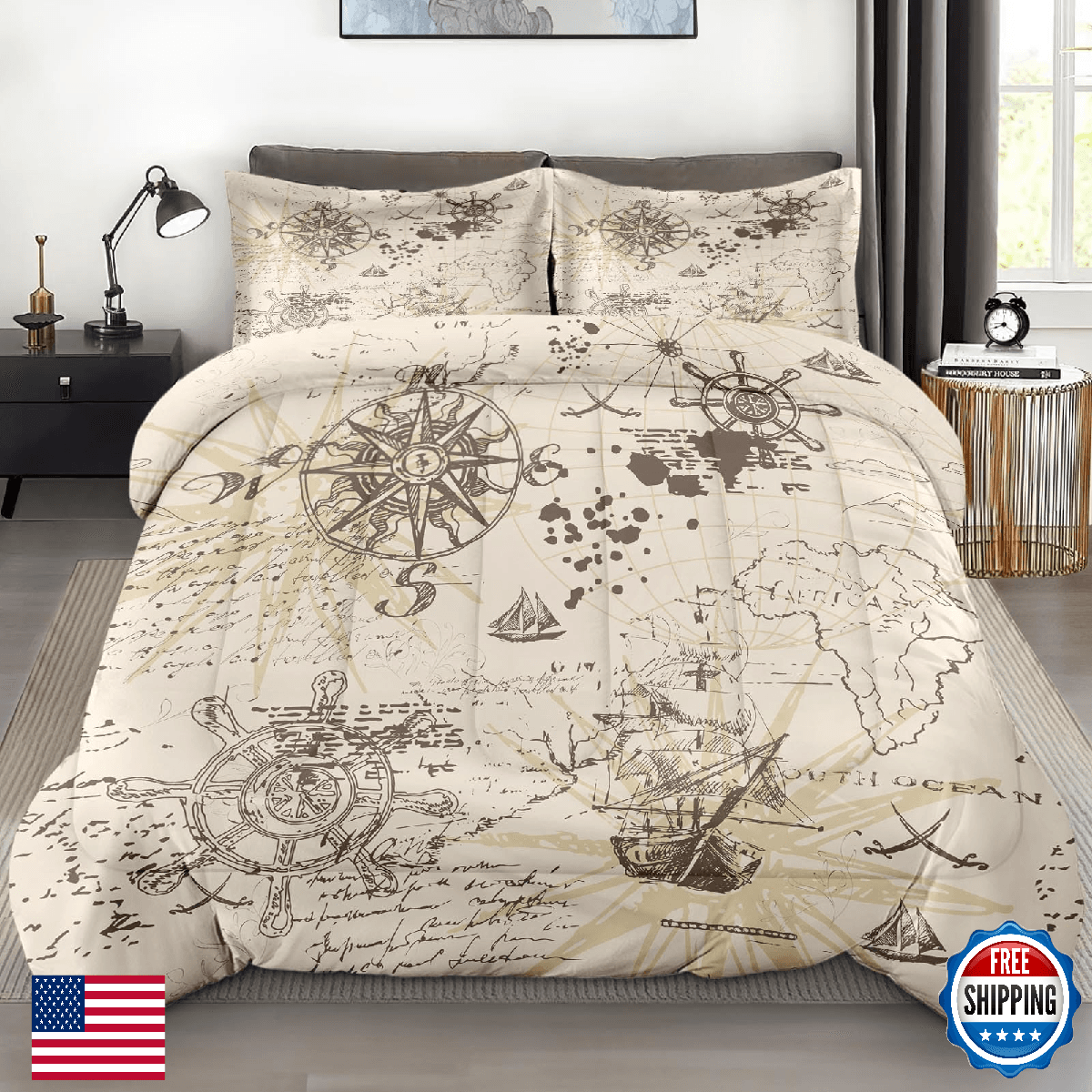 Pamnest Adventure Map Queen Comforter Set, 3 Pcs Vintage Soft Bedding - Image 1