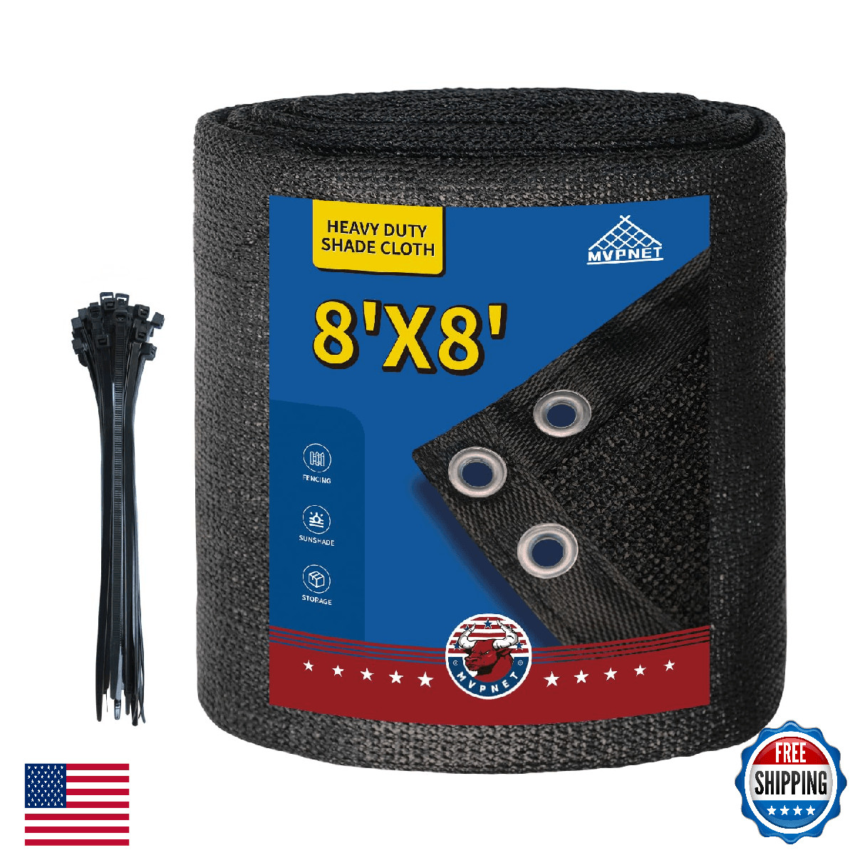 MVPNET 90% Black Sun Shade Cloth w/ Grommets 8x8 FT, 145GSM Heavy-Duty HDPE - Image 1