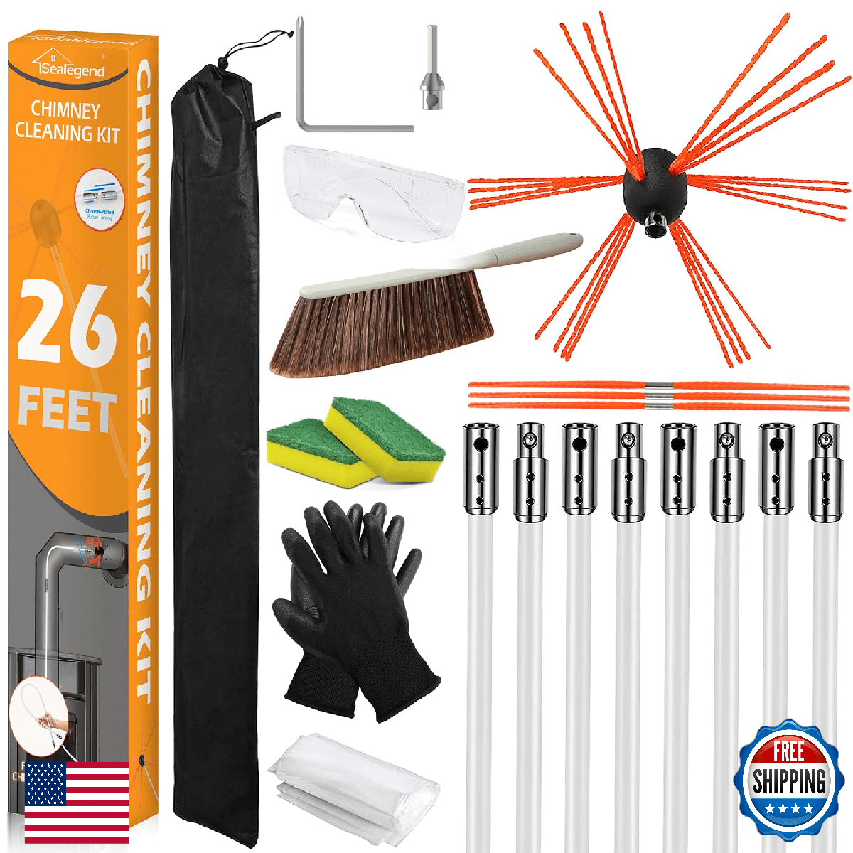 Sealegend 26ft Chimney Sweep Kit Chimney Brush Rotary Cleaning System 8 Nylon Ro - Image 1