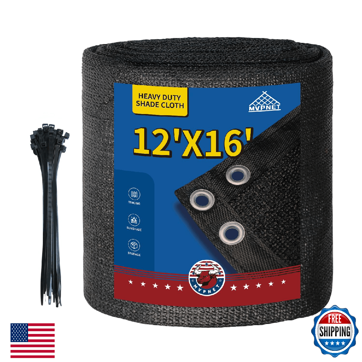MVPNET 90% Black Sun Shade Cloth w/ Grommets 12x16 FT, 145GSM, Heavy-Duty HDPE - Image 1