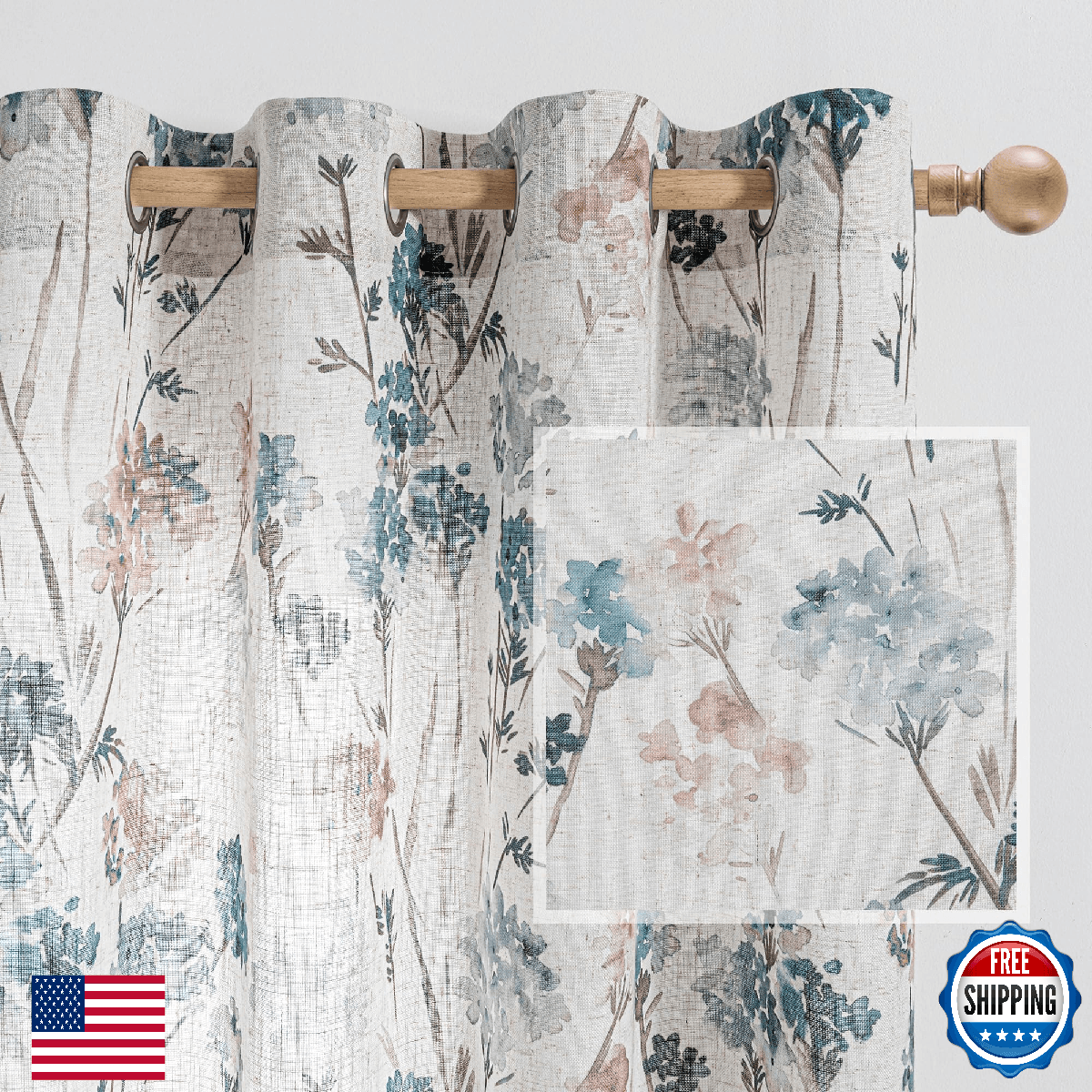 MYSKY HOME Living Room Linen Curtains 90 inch Floral Pattern Light Filtering Pri - Image 1