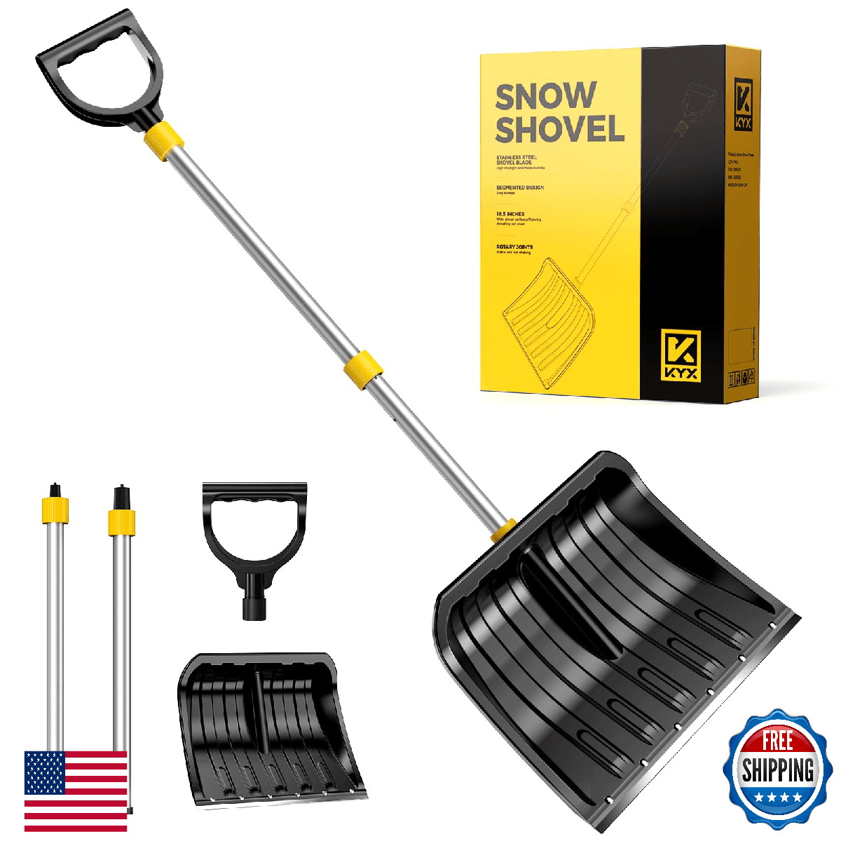 KYX 18.5" Wide Snow Shovel with Stainless Steel Wear Strip & D-Shape Handle, Hea - Image 1