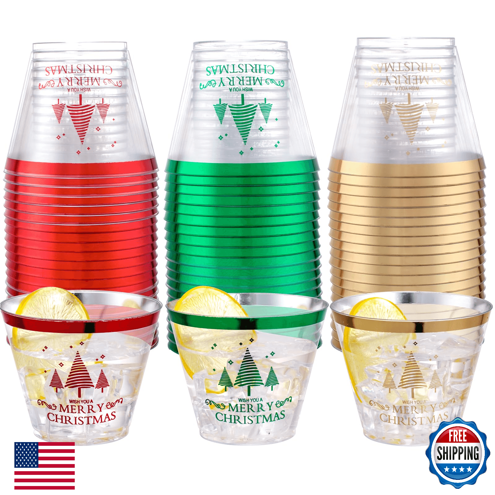 60PCS Merry Christmas 9 Oz Clear Plastic Disposable Party Cups - Red, Green, Gol - Image 1