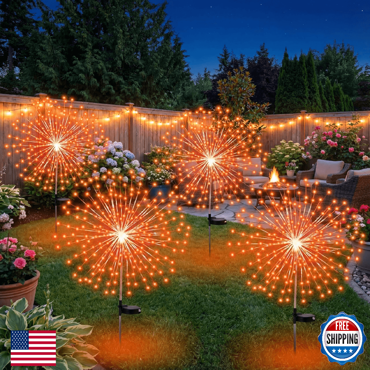 Tujoe 4 Pcs Christmas Solar Decoration Outdoor Orange Solar Firework Lights 180 - Image 1