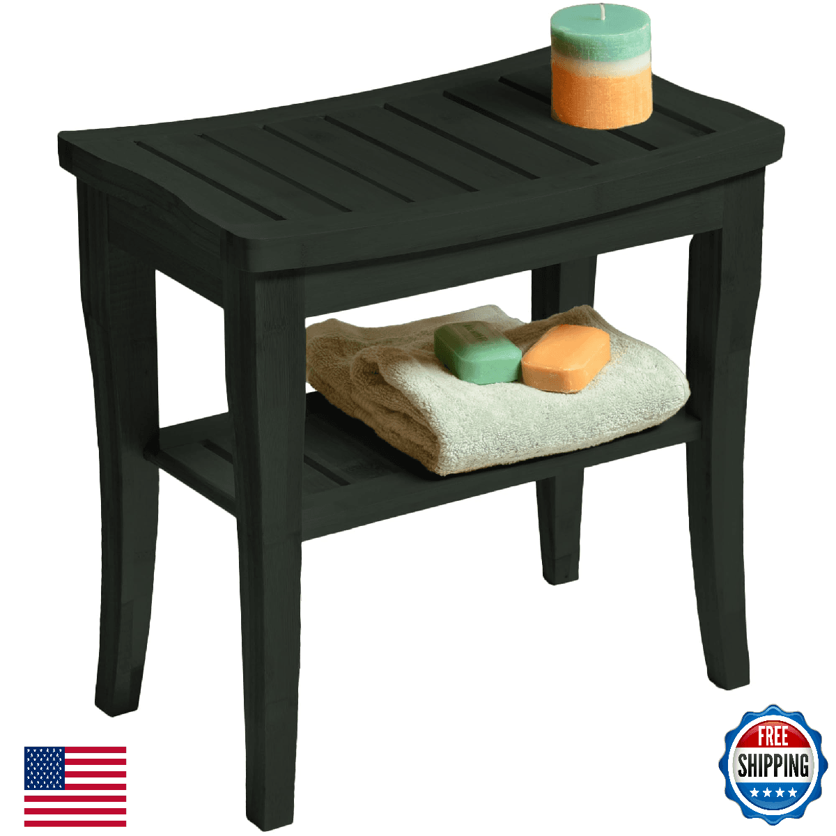 Black Shower Bench - Small Wooden Shower Stool with Storage Shelf, Non-Slip Bath - Image 1