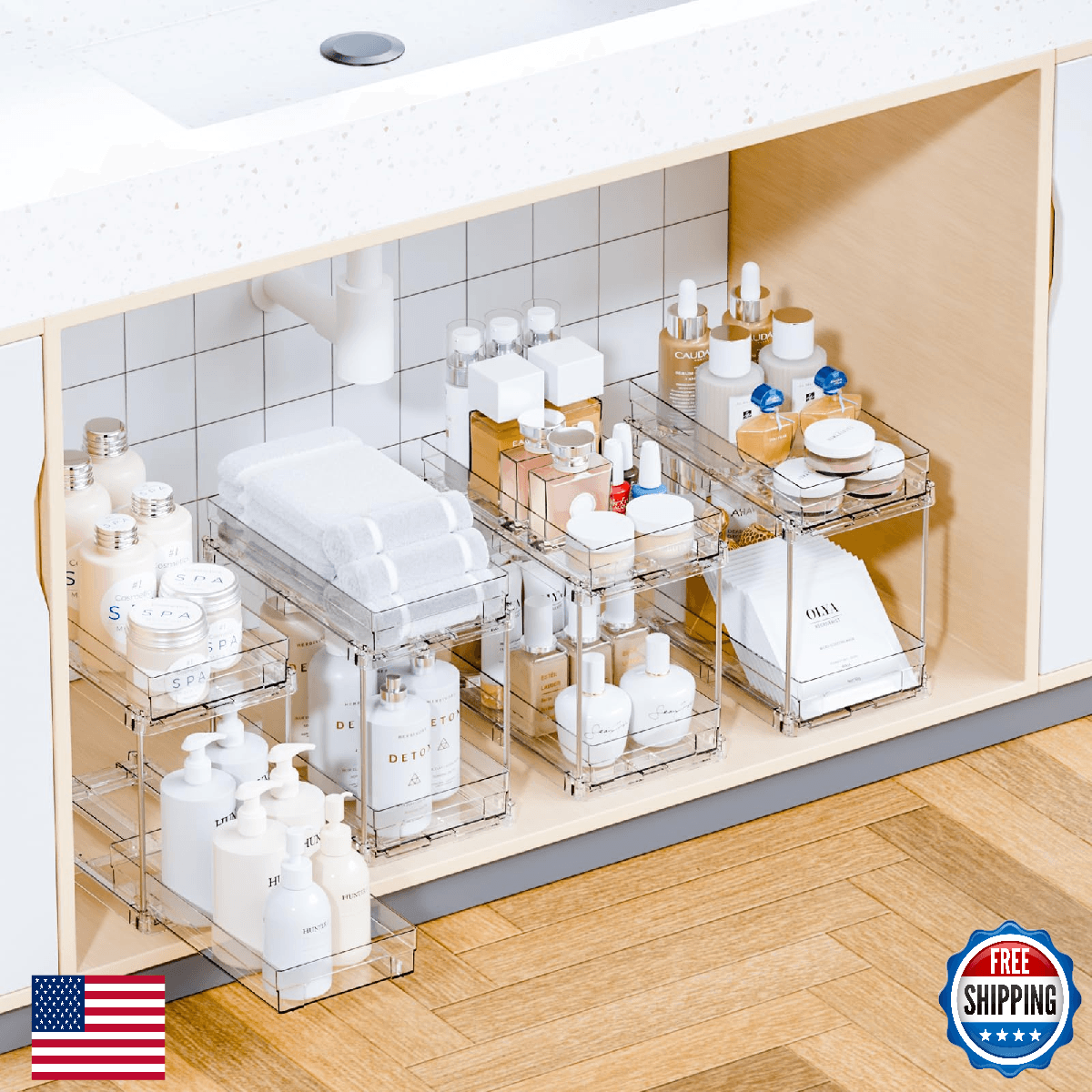 Yieach 4 Set Bathroom Organizers and Storage 2 Tier Clear Under Sink Medicine Ca - Image 1
