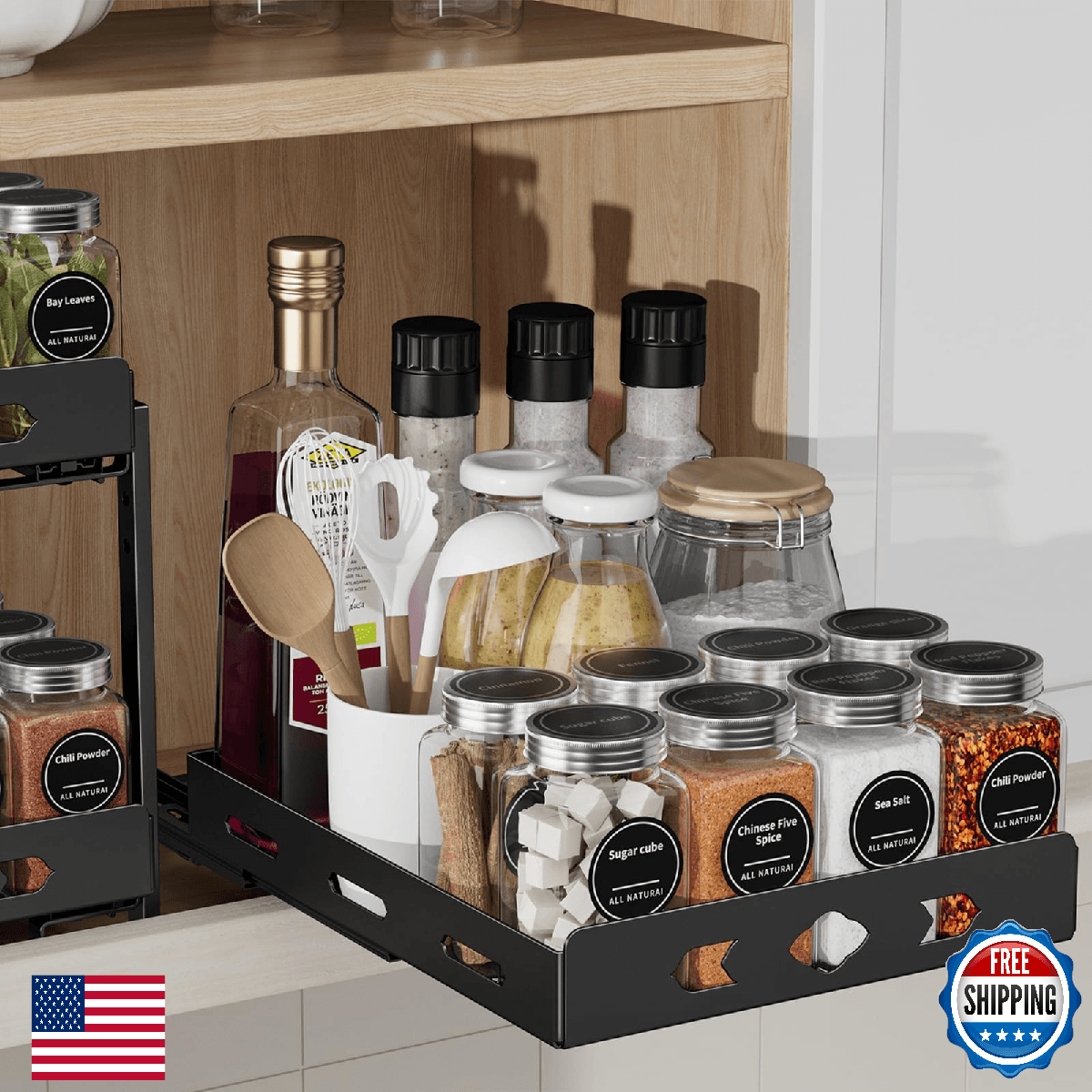BOIVSHI 1-Tier Pull Out Spice Rack Organizer for Cabinet Pantry Kitchen Storage - Image 1