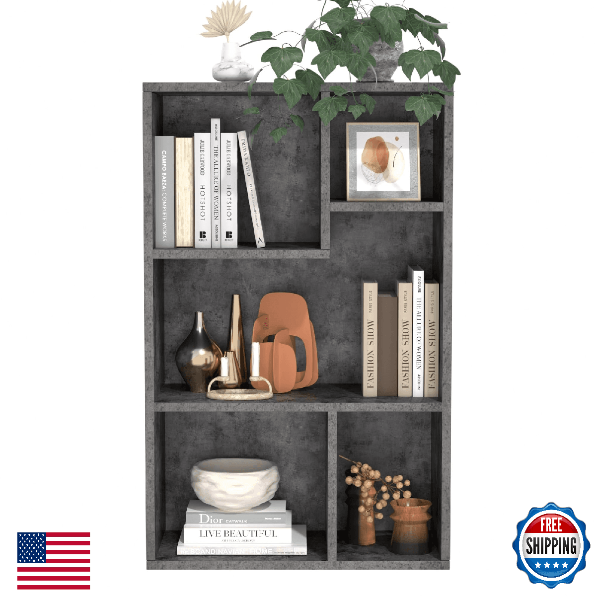 VECELO 5-Cube Bookshelf, Pearl White/Matte Black/Modern Gray/Vintage Brown - Image 1