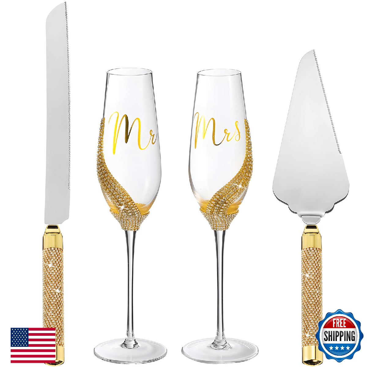 Sratte 4 Pcs Wedding Cake Knife, Pie Server & Champagne Flutes Toasting Crystal - Image 1
