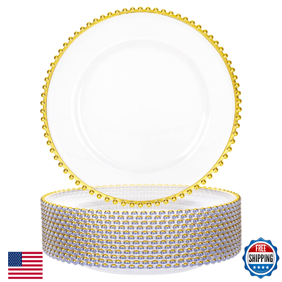 supernal 12pcs Clear Charger Plates Plastic Gold Chargers With Beaded Rimmed 13I - Image 1
