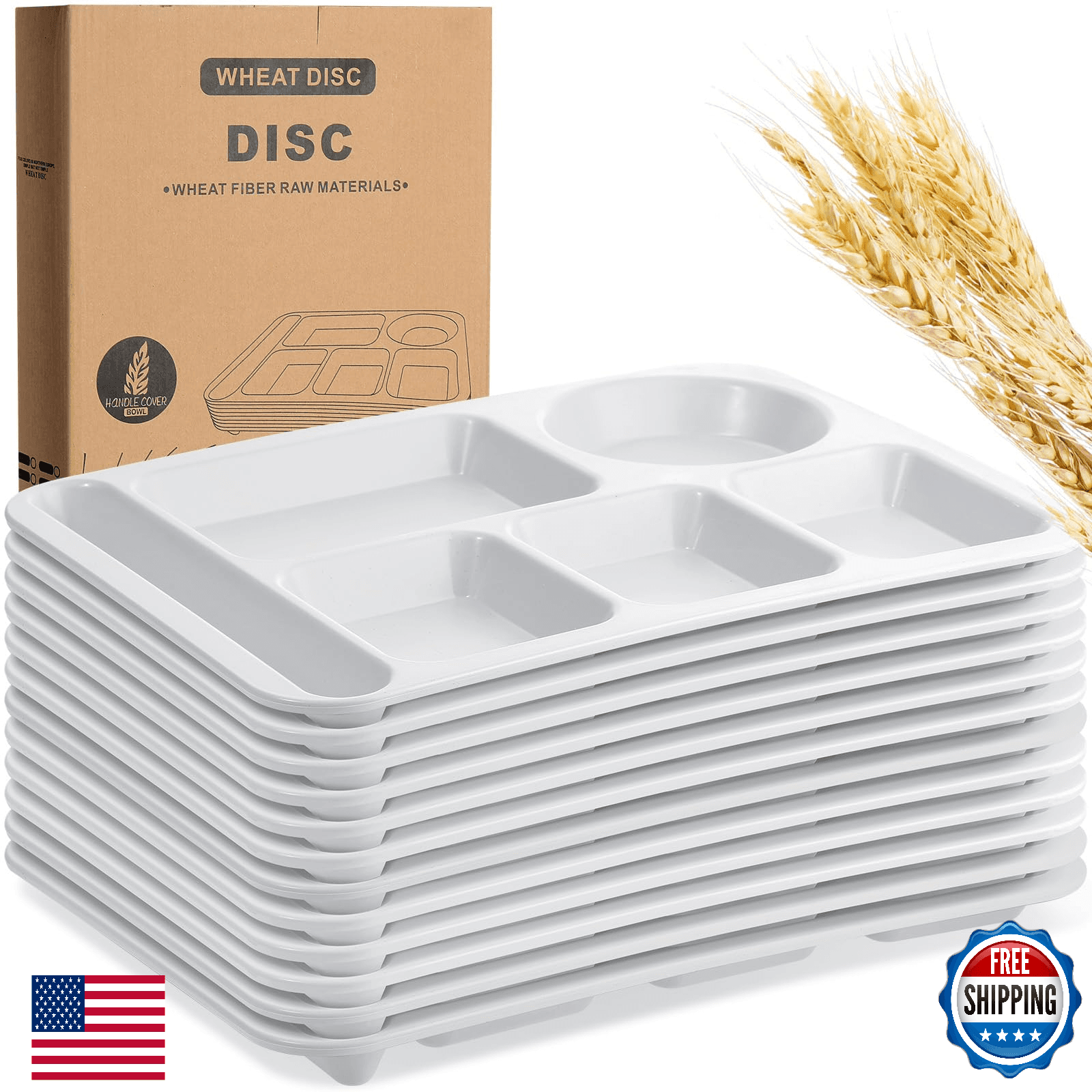 Pinkunn 12pk 14" Large Divided Wheat Straw Plates Lunch Trays 6-Compartment - Image 1