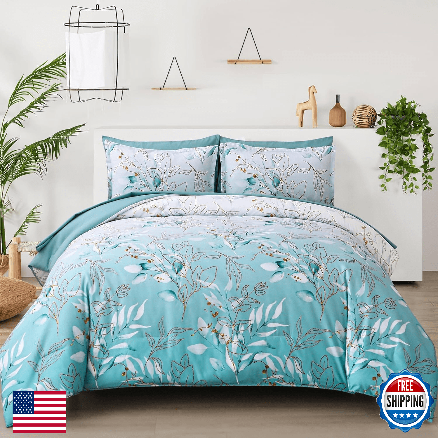 WONGS BEDDING 7-Piece Aqua & Gold Botanical Comforter Set, Queen Size Bed in a B - Image 1