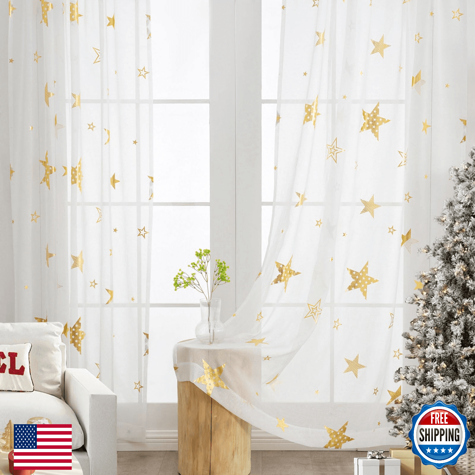 L.Z.E Gold White Sheer Curtains 96in 2 Panel Set Linen Texture Living Room - Image 1