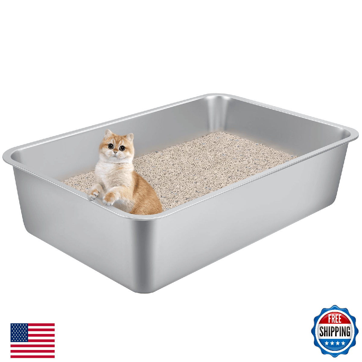 Extra Large Stainless Steel Cat Litter Box for Large Cats - 23.6"x15.6"x6" High- - Image 1