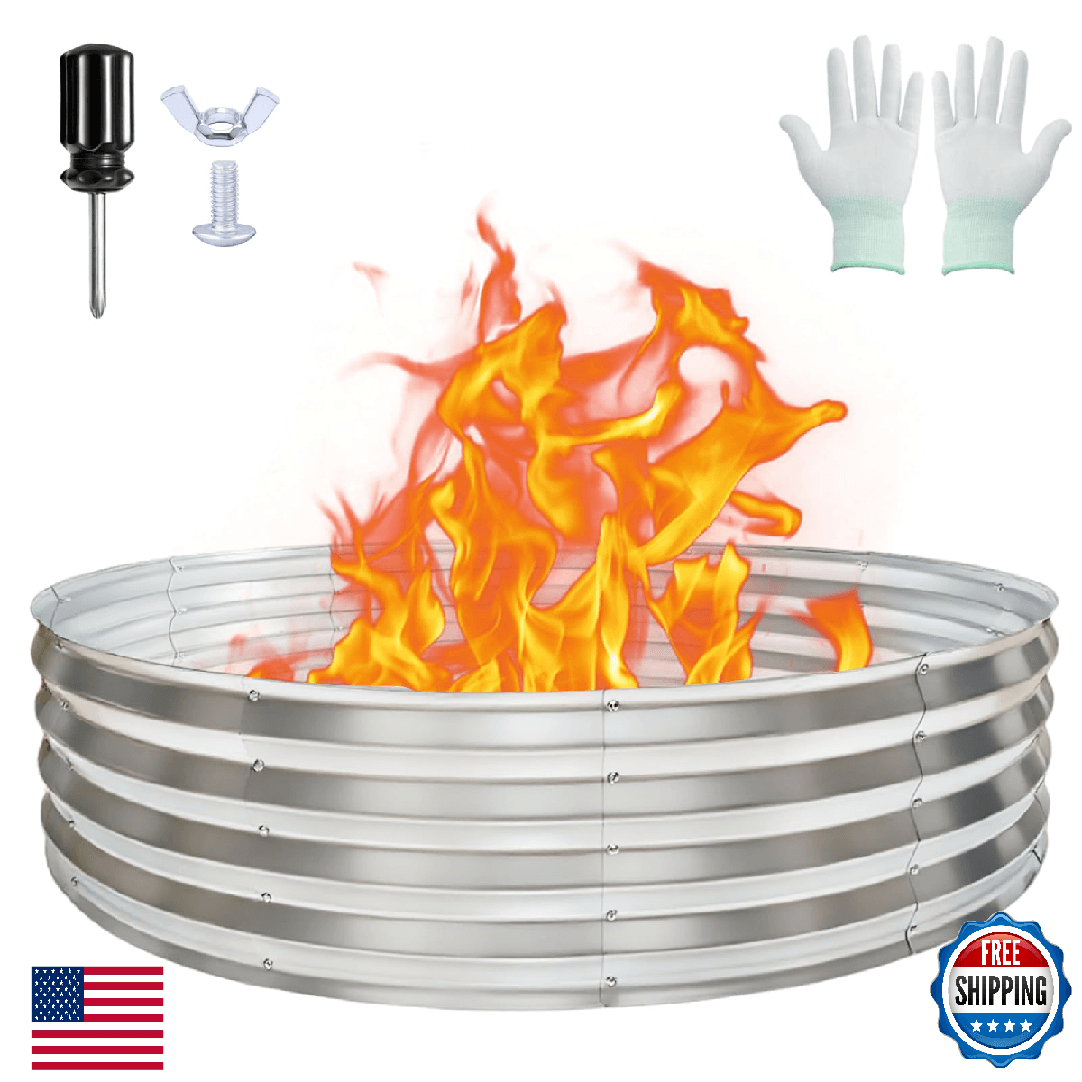 48 Inch Round Galvanized Fire Pit Ring, Durable Steel Bonfire Ring for Backyard, - Image 1