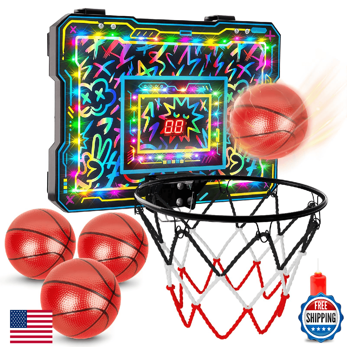 Indoor Mini Basketball Hoop, Over The Door Basketball Hoop with LED Lights/Score - Image 1