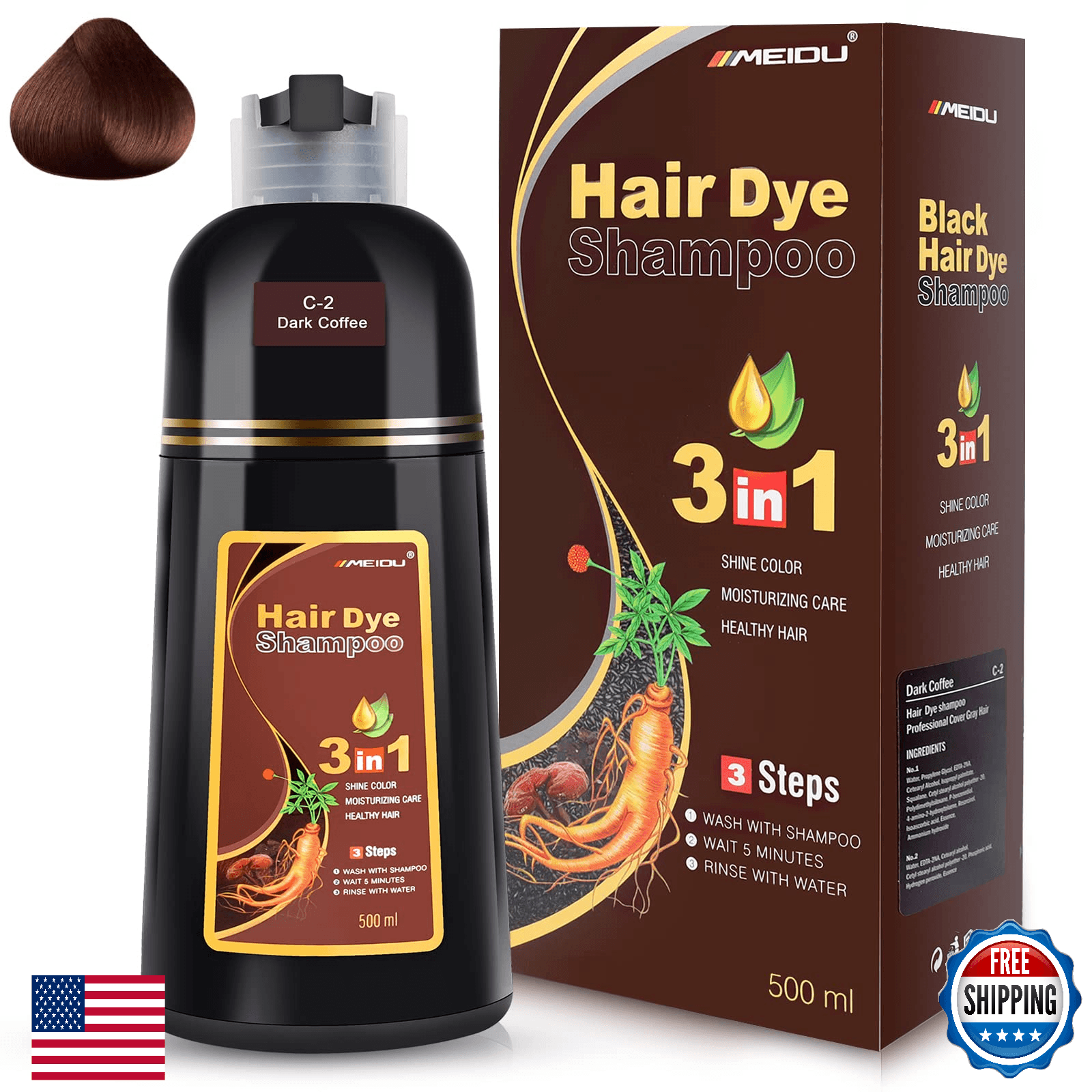 IIIMEIDU Gray Hair Coverage Shampoo - 3-in-1 Herbal, Natural Chestnut Dye - Image 1
