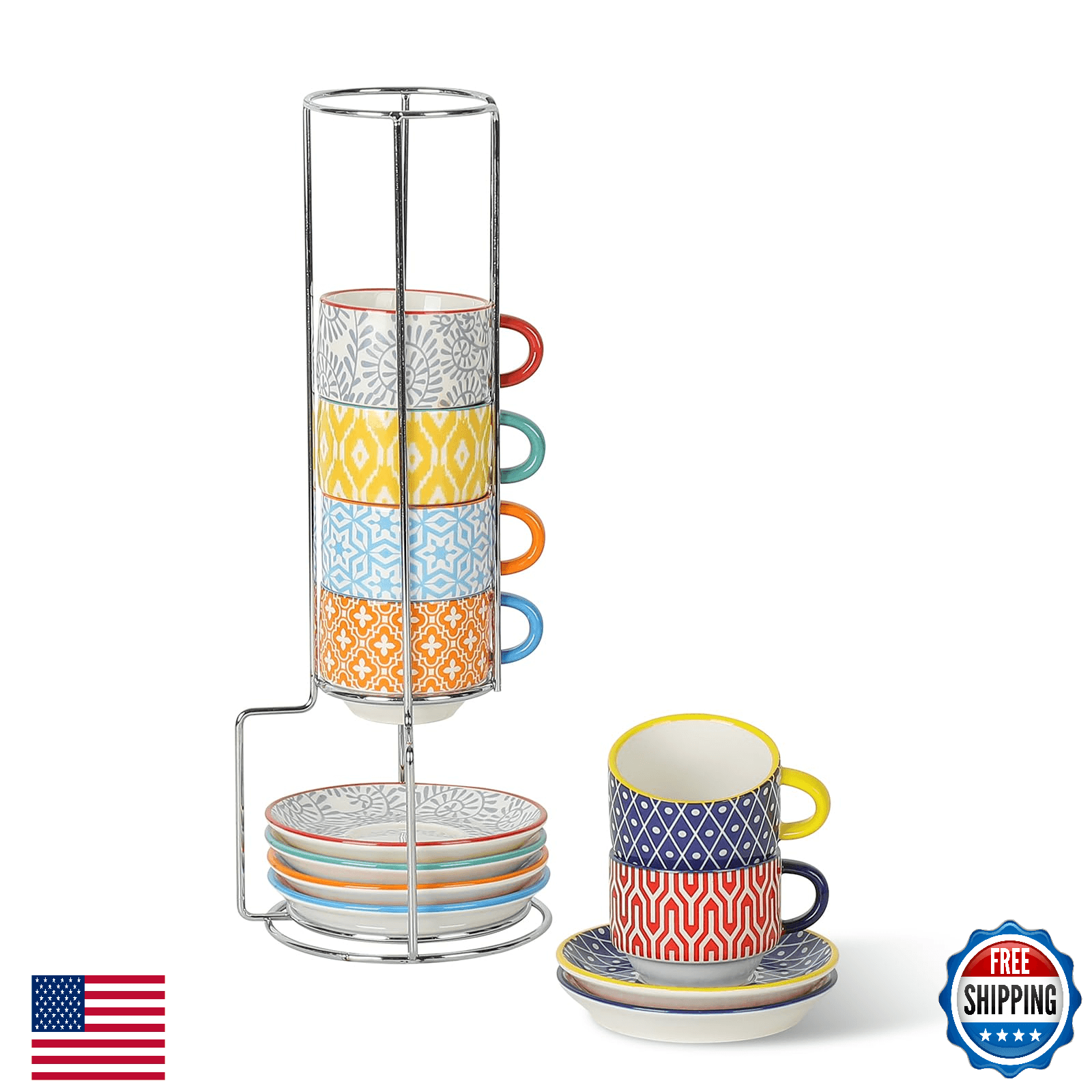 Selamica 2.5 OZ Stackable Ceramic Espresso Cups with Saucers Demitasse Set - Image 1