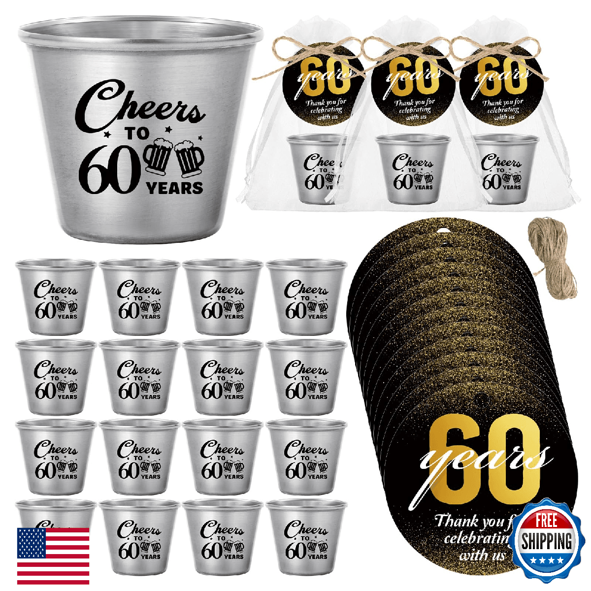 Skybooly 50 Sets 60th Birthday Party Favors Shot Glasses w/ Tags & Bags - Image 1
