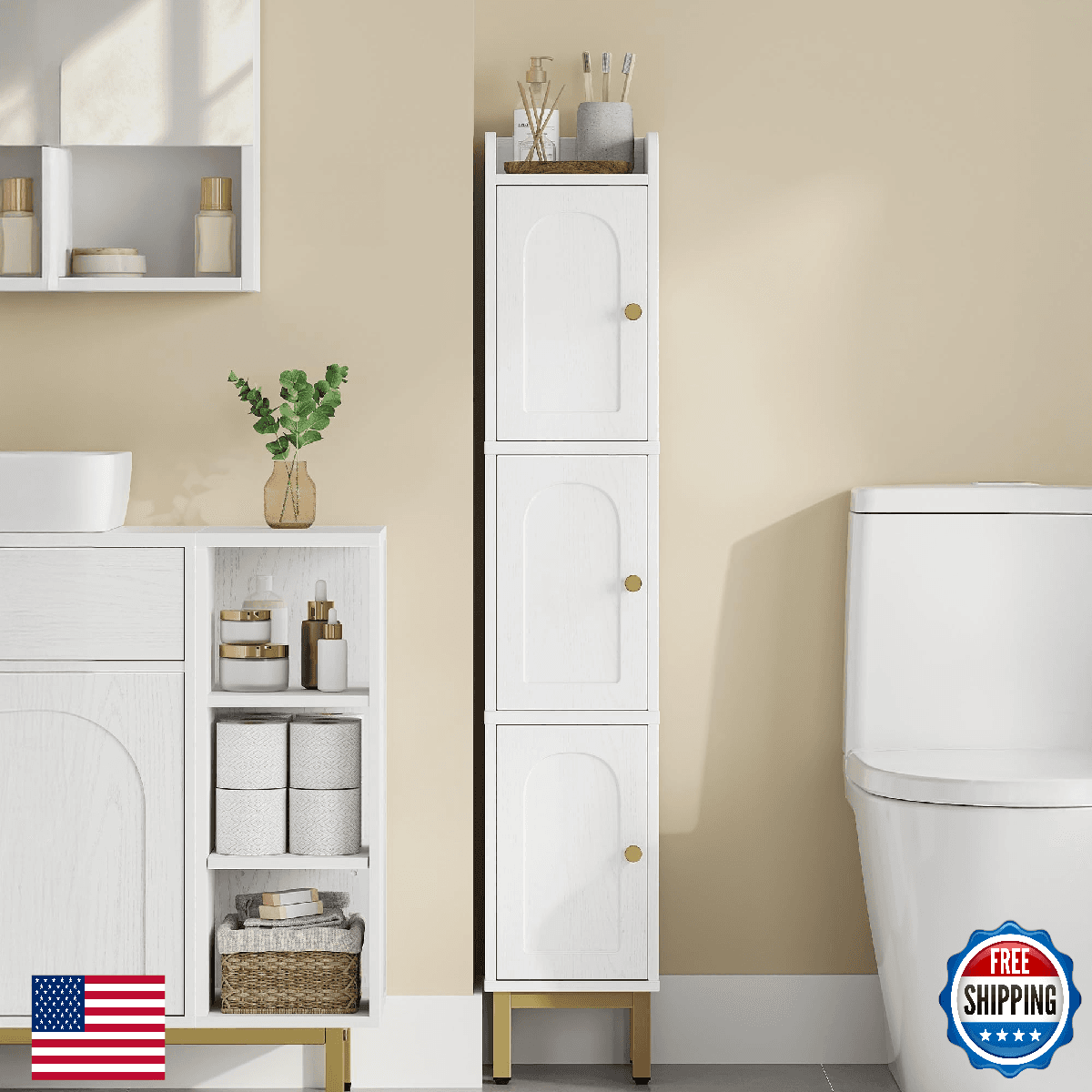 Hzuaneri Slim Bathroom Storage Cabinet White 3-Door Narrow Organizer with Adjust - Image 1