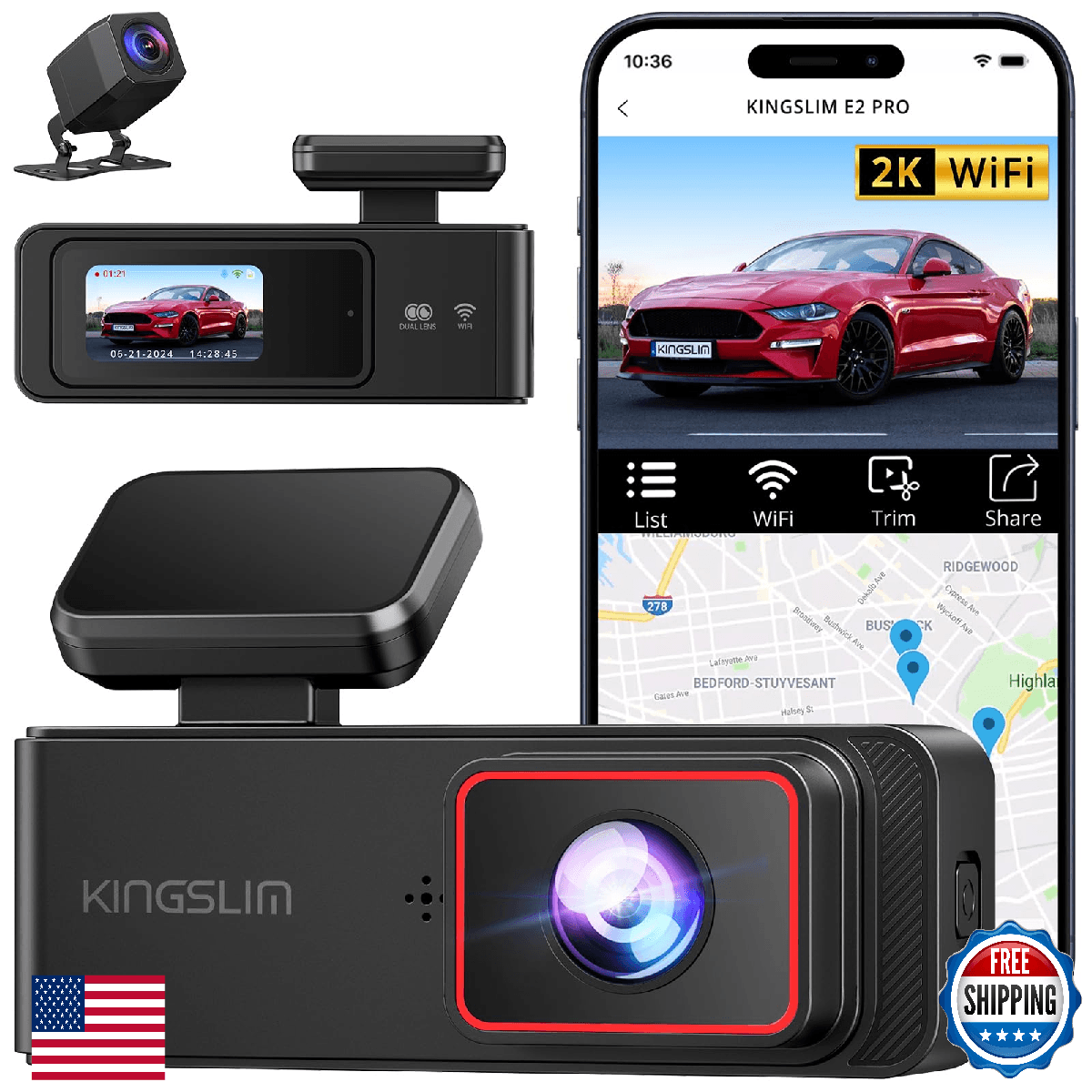 Kingslim Dash Cam Front+Rear 2K+1080P Mini WiFi Dual Dashcam Parking Monitor E2P - Image 1