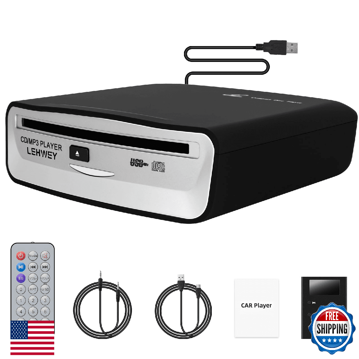 Lehwey SX-2800A Portable Car CD Player AUX USB FM Anti-Skip Remote - Image 1