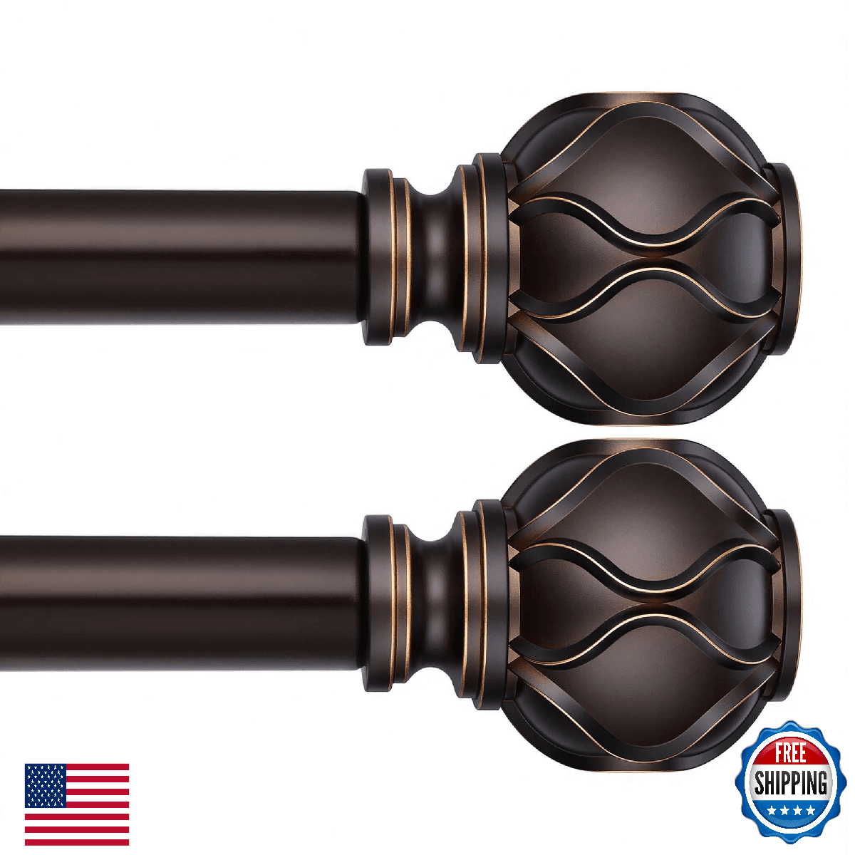 WIN4ALL 2 Pack Bronze Heavy Duty Curtain Rods for Windows 72 to 144 inch, 1 Inch - Image 1