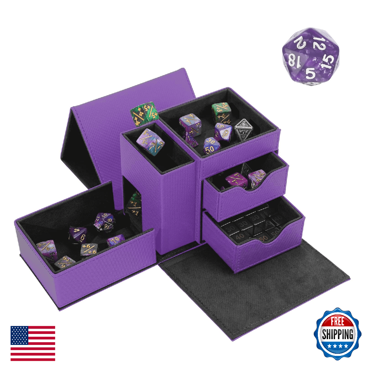 Dice Tray & Dice Tower Storage Box, 3 in 1 Dice Holder Case (Dice Rolling Tray, - Image 1