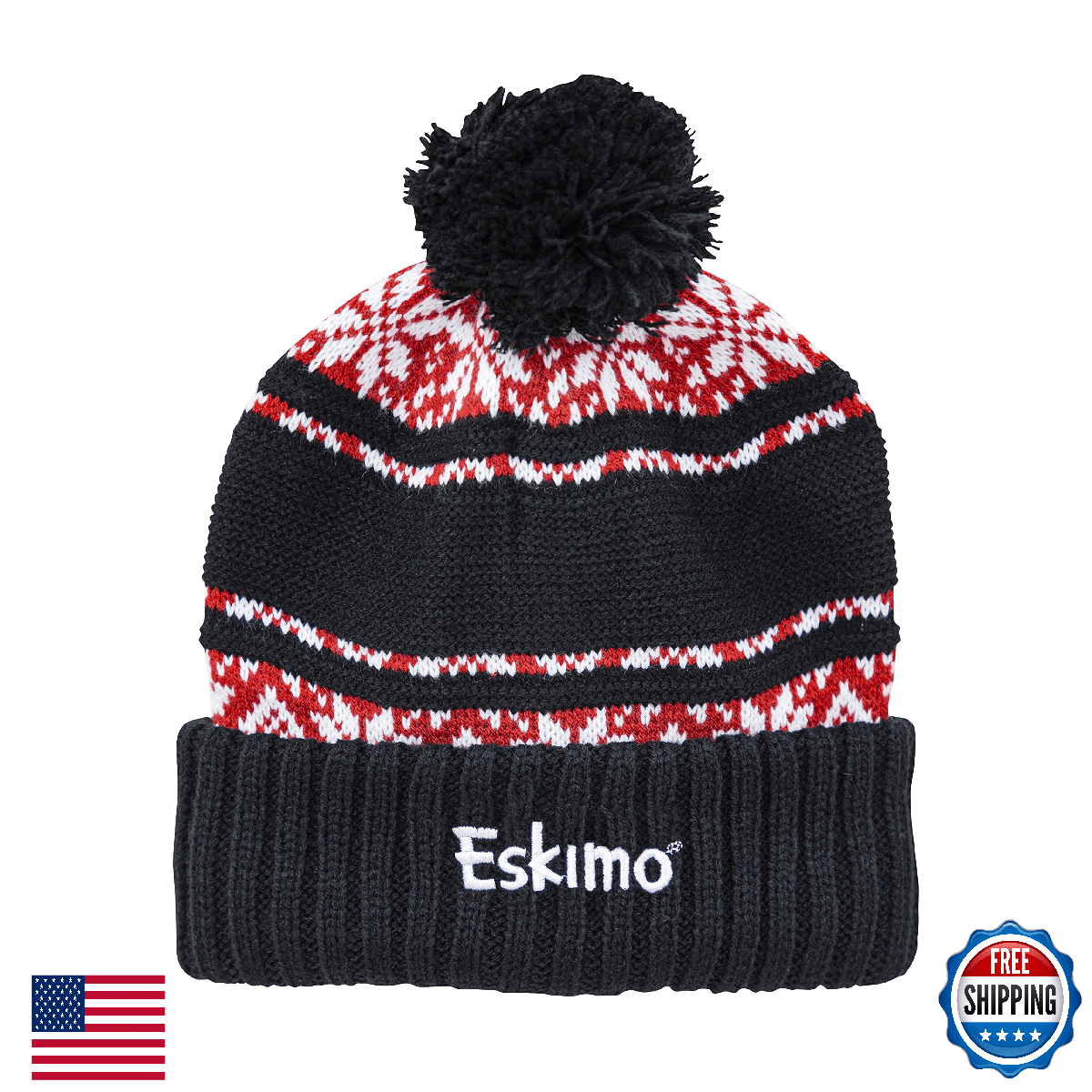 Eskimo Nordic Knit Hat Black One Size - Warm Fleece Lined Winter Beanie - Image 1