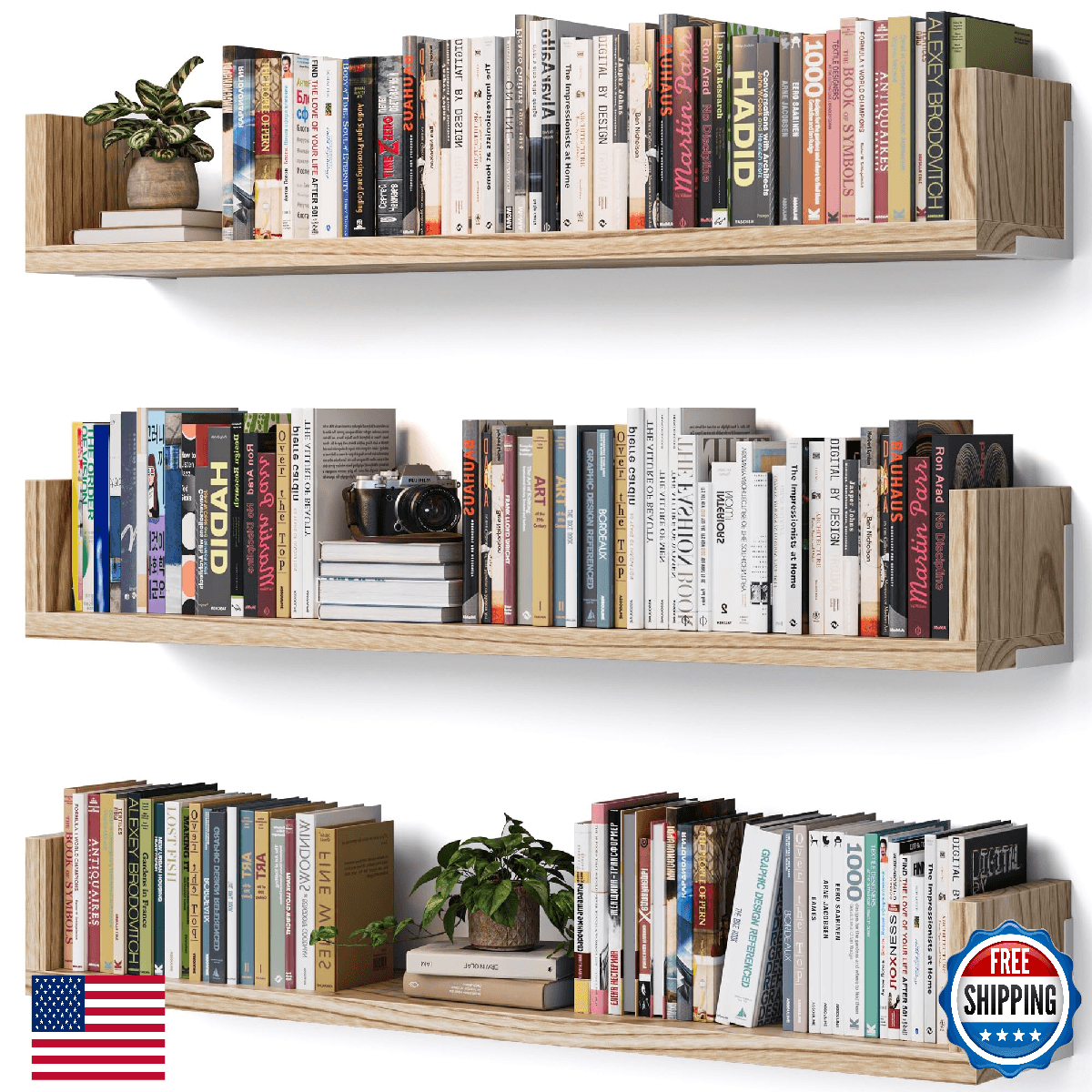 VMROF Wall Bookshelf, Set of 3, 36 Inches U Shaped Wall Shelves, Long Deep Float - Image 1