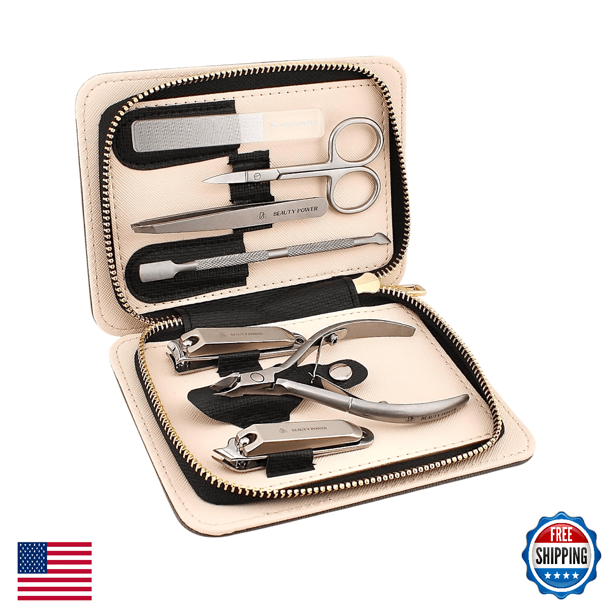 Beauty Power Manicure Pedicure Set 7-in-1 Stainless Steel, Ultra Sharp, Slanted - Image 1