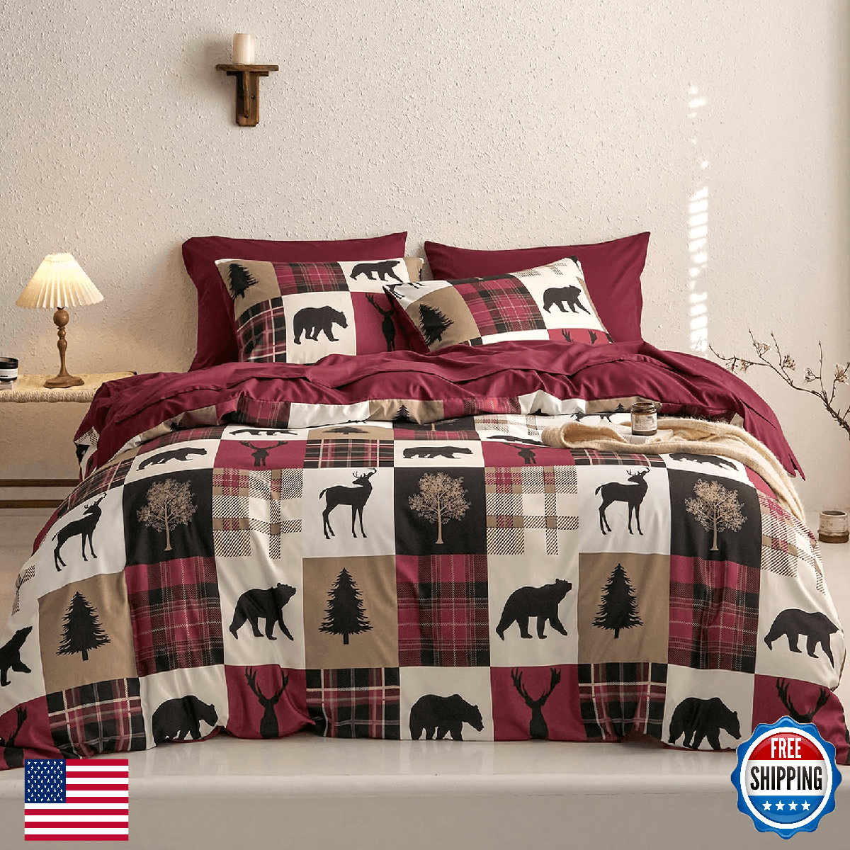 Wake In Cloud Rustic Comforter Set Queen Lodge Woodland Bear Moose Deer - Image 1