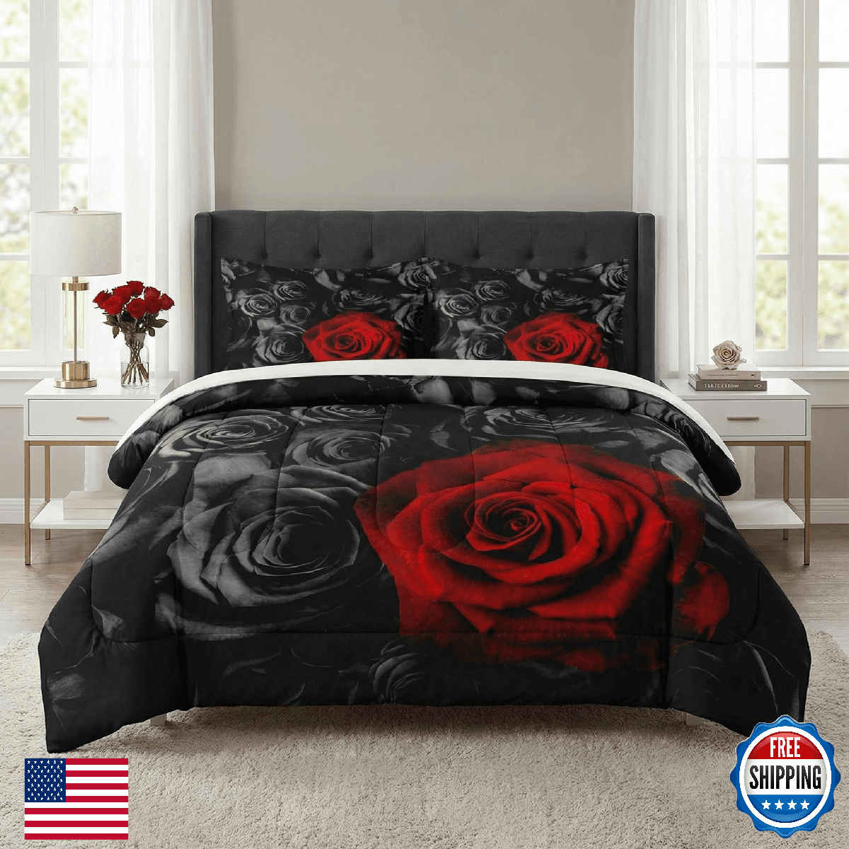 WeCozy Red Rose Flower Twin Comforter Set, 2 PC Bedding with Pillowcase - Image 1