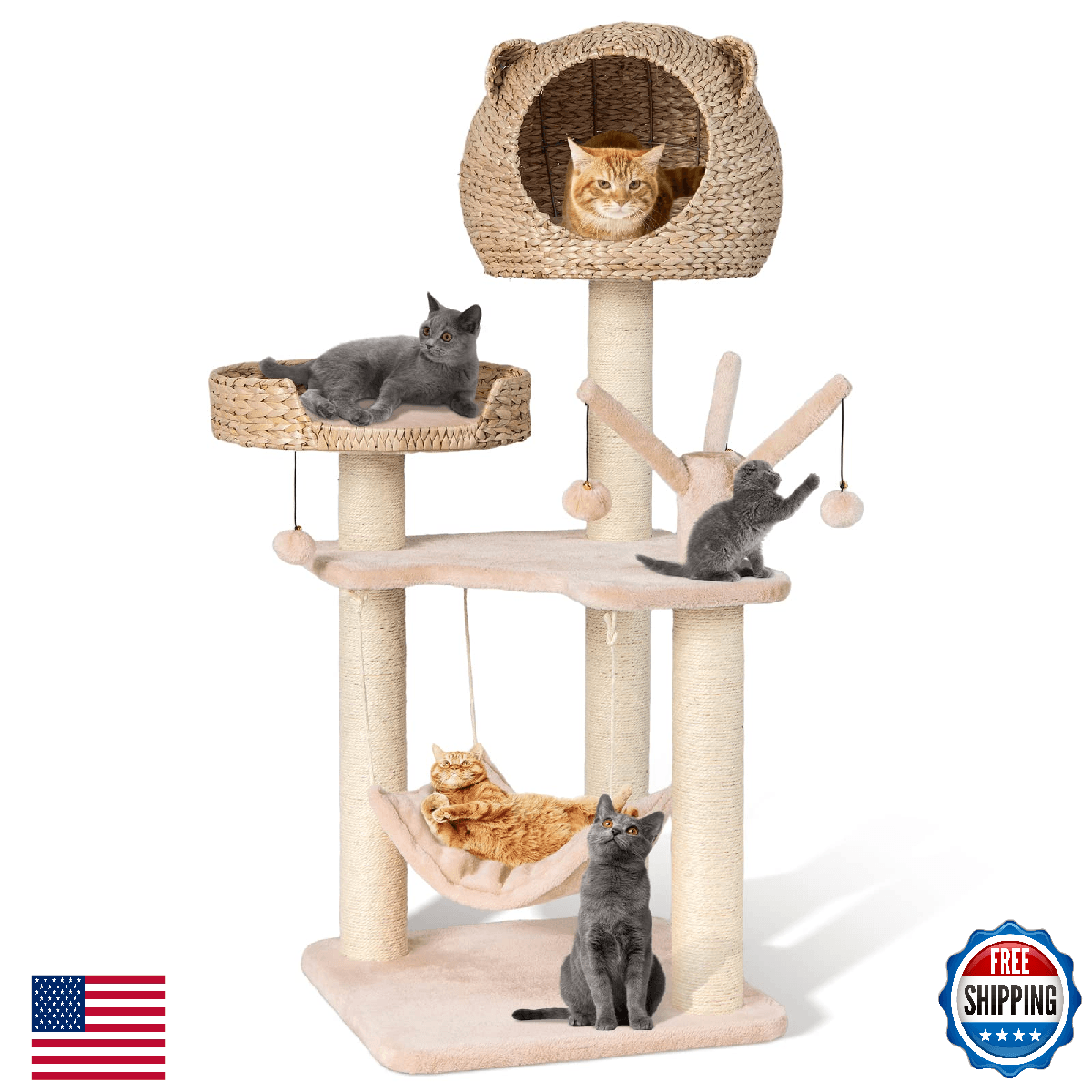 PETSITE Woven Cat Tree, Modern Cat Tower with Hammock & Scratching Posts, Cattai - Image 1
