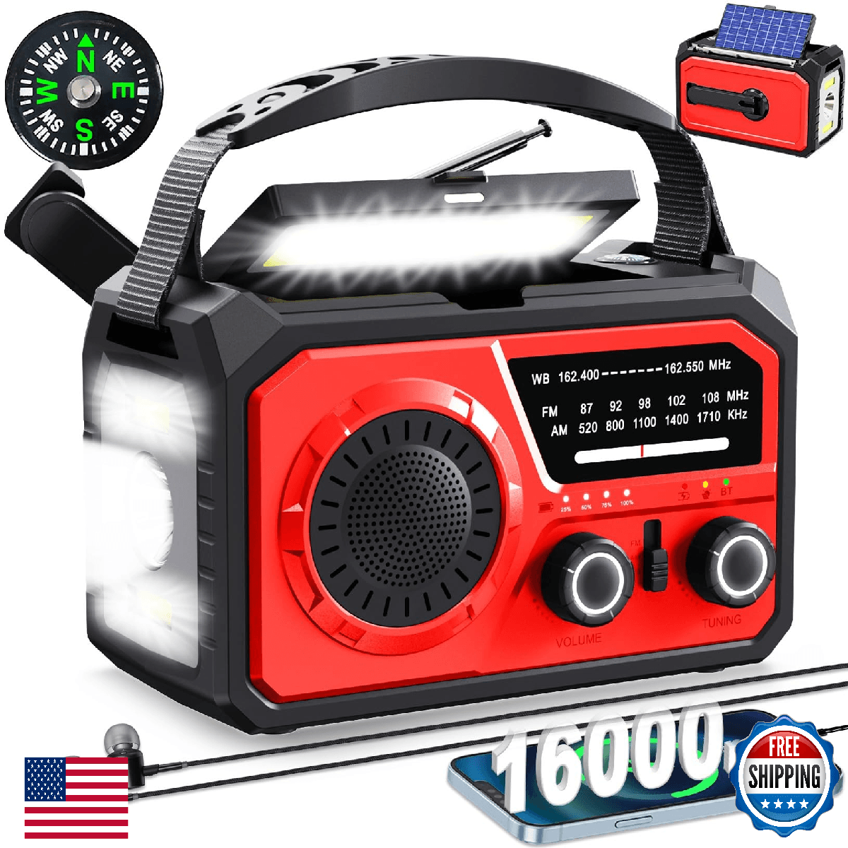 16000mAh Hand Crank Emergency Weather Radio with Wireless Speaker, 59200mWh NOAA - Image 1