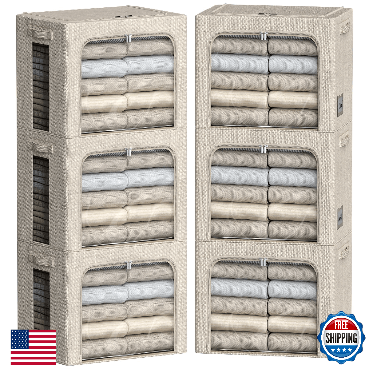 FHSQX 6 Pack Foldable Clothes Storage Bins, Metal Frame, Linen Fabric, Clear Win - Image 1