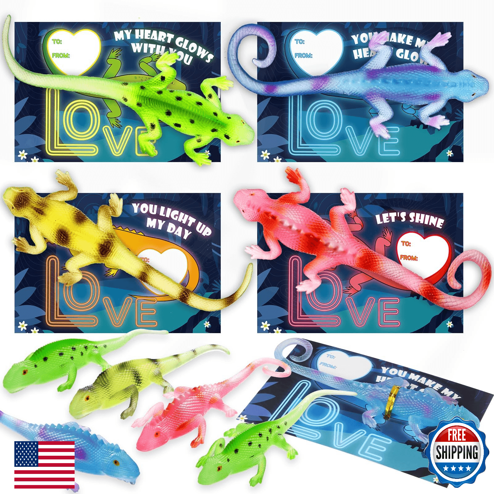 AuroTops Valentines Day Cards for Kids, 24 Pack Glow in The Dark Lizards with Va - Image 1