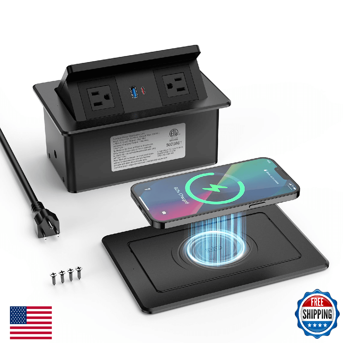QBA Pop up Power Outlet with 15W Wireless Charger, Recessed Power Strip with USB - Image 1