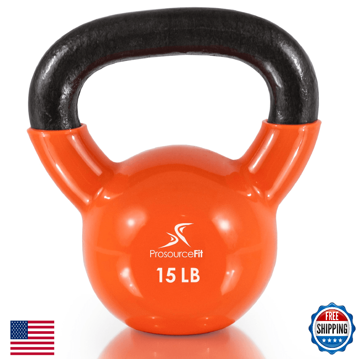 ProsourceFit Vinyl Coated Cast Iron Kettlebell 15lb Orange Full Body Workout - Image 1