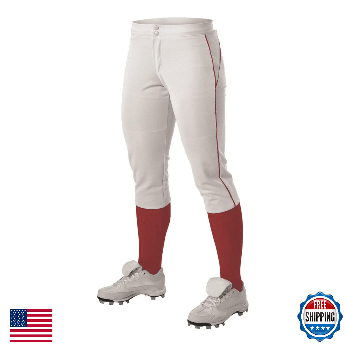 Alleson Athletic Women's Fastpitch Softball Pants w/ Belt Loops, White/Scarlet - Image 1
