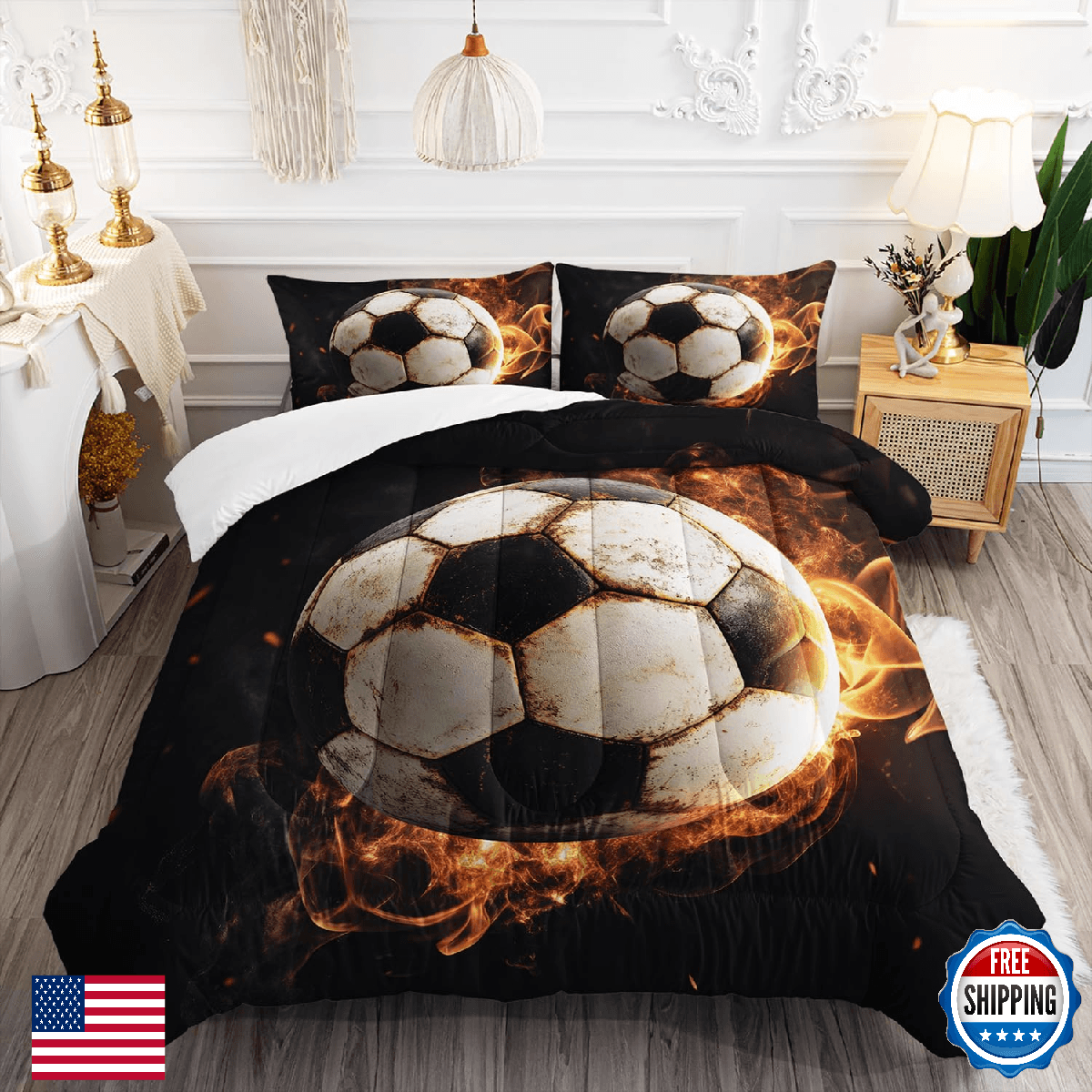 XYNHML Soccer Print Comforter 3Pcs Full Gaming Sport Flame Soccer Bedding Set fo - Image 1