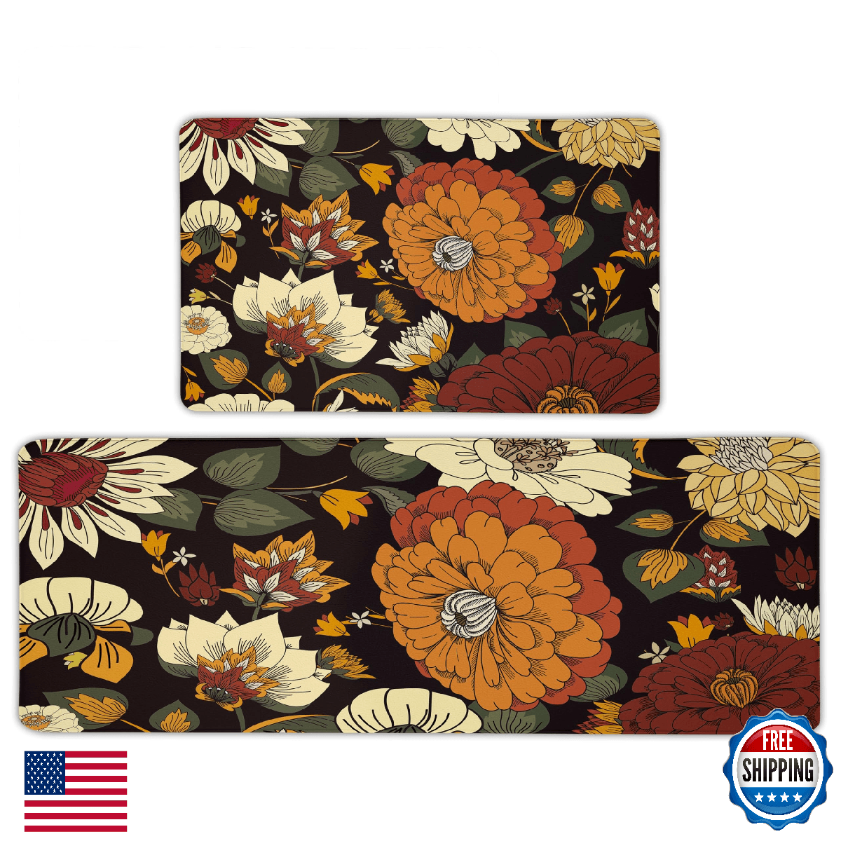 Tyrot Black Boho Floral Kitchen Rugs Sets of 2 Anti Fatigue Cushioned Fall Kitch - Image 1